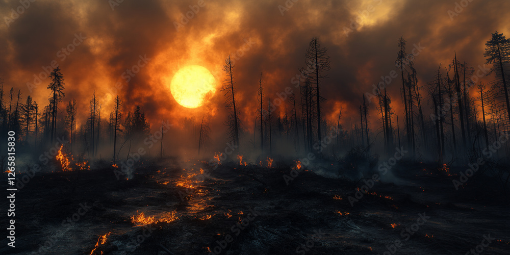 Red and orange wildfire night. Aerial view of massive forest fire with burning trees and black smoke. Red and orange wildfire night. Aerial view of massive forest fire with burning trees and black smoke.
