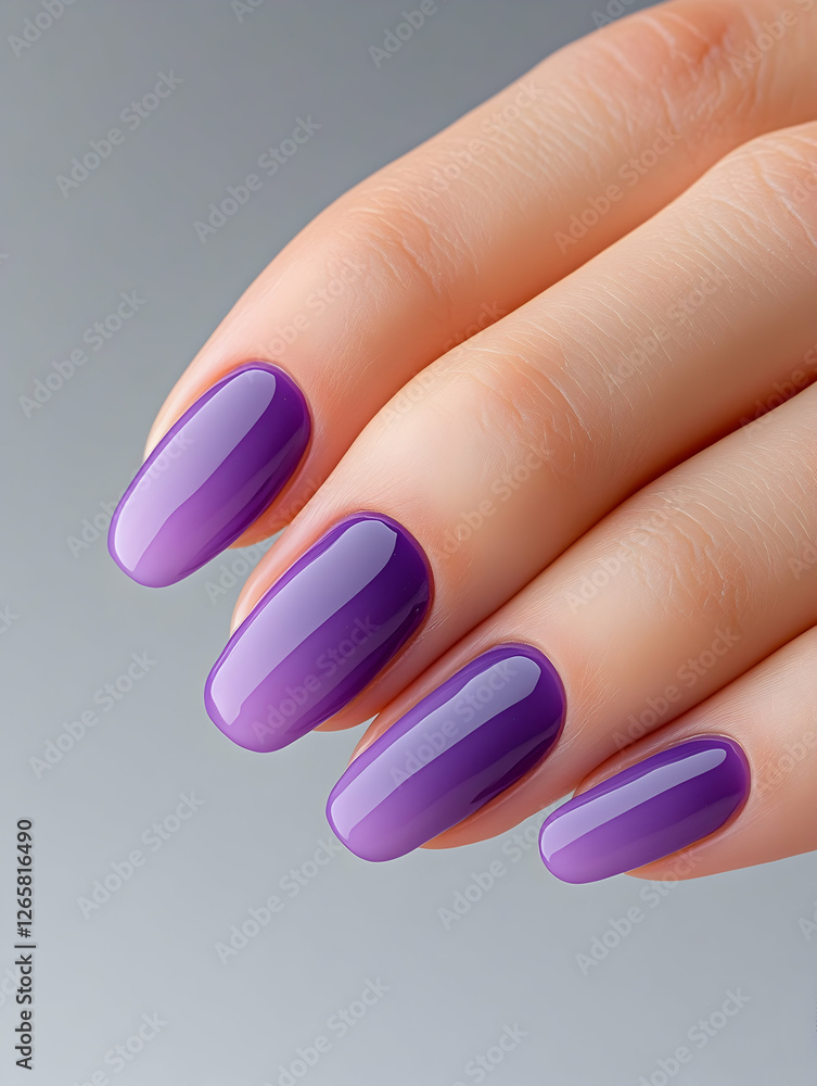 Manicured hand with purple nail polish over gray background for beauty content Manicured hand with purple nail polish over gray background for beauty content