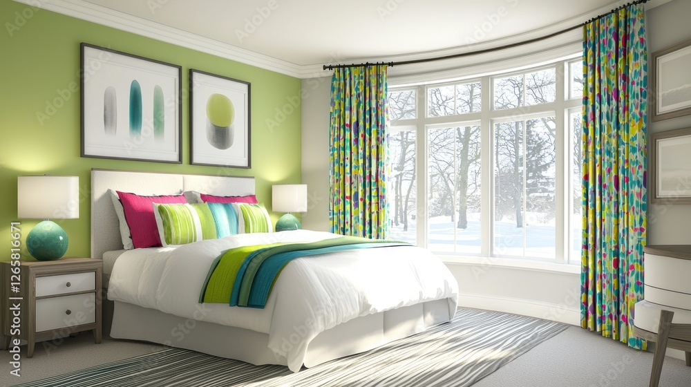 Fototapeta premium Vibrant bedroom interior with winter view, colorful curtains and artwork