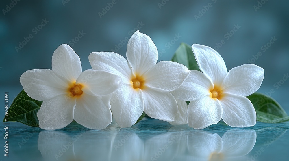 Fototapeta premium White flowers, teal background, reflection, serenity, spa