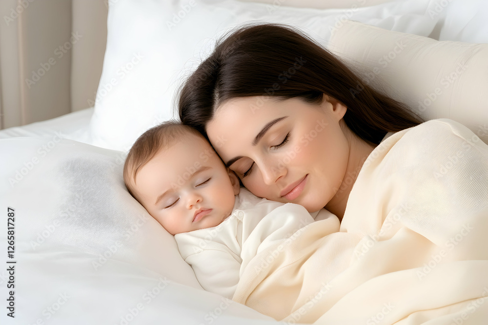 Mother and baby sleeping in a white bed, concept for maternity or child care Mother and baby sleeping in a white bed, concept for maternity or child care
