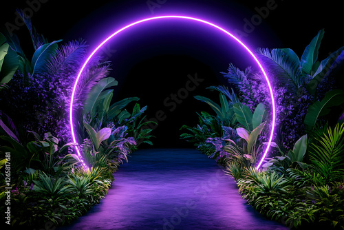 Neon circle framing lush tropical plants leads toward dark space for sci-fi themes