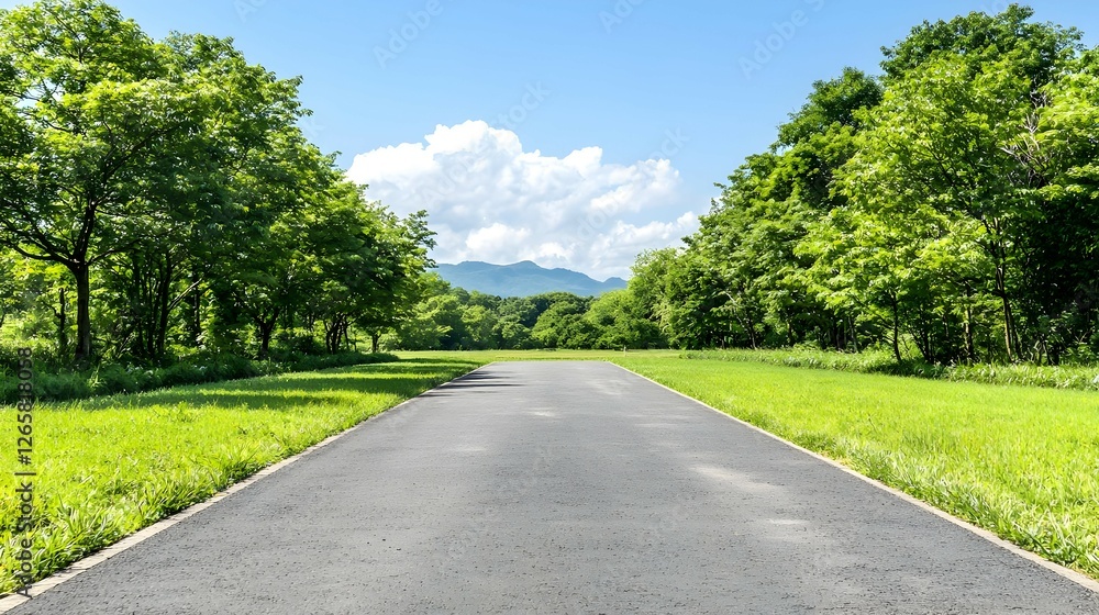 Asphalt Road Through Lush Green Trees on a Sunny Day Asphalt Road Through Lush Green Trees on a Sunny Day