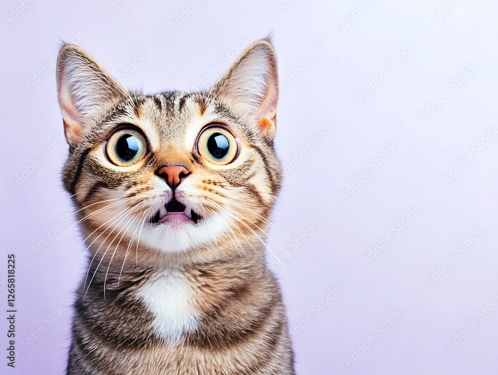 Obraz premium A startled cat with big eyes, gazing in shock against a pastel violet background.