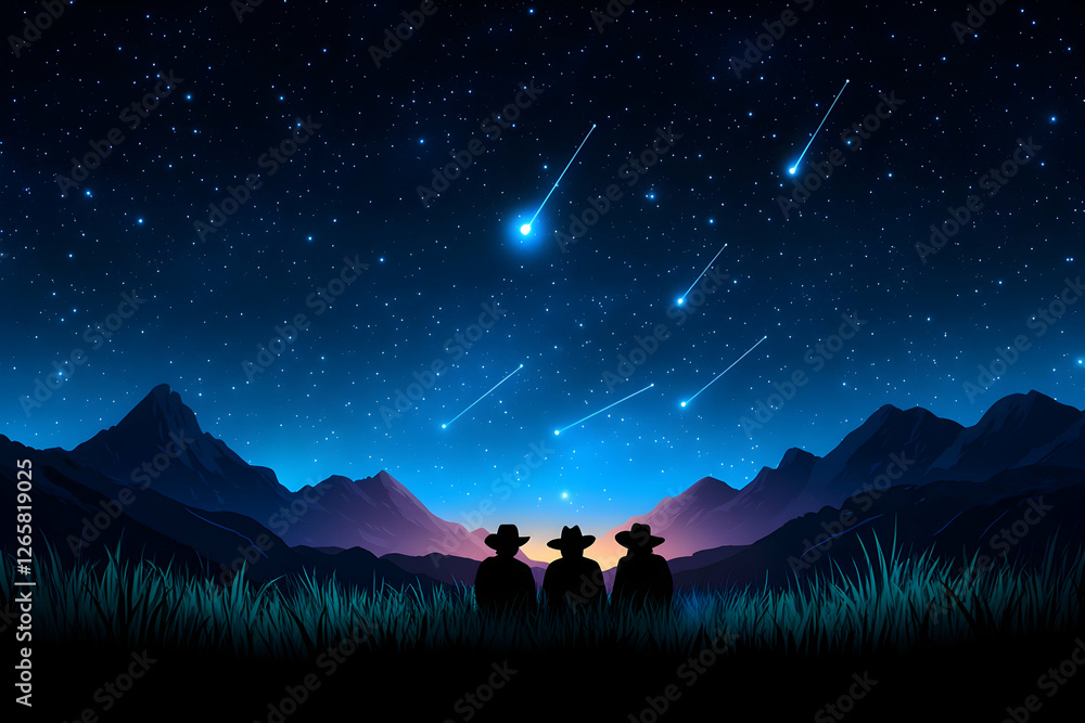 People watch meteor shower from the mountains. Silhouettes. Use for inspiration People watch meteor shower from the mountains. Silhouettes. Use for inspiration