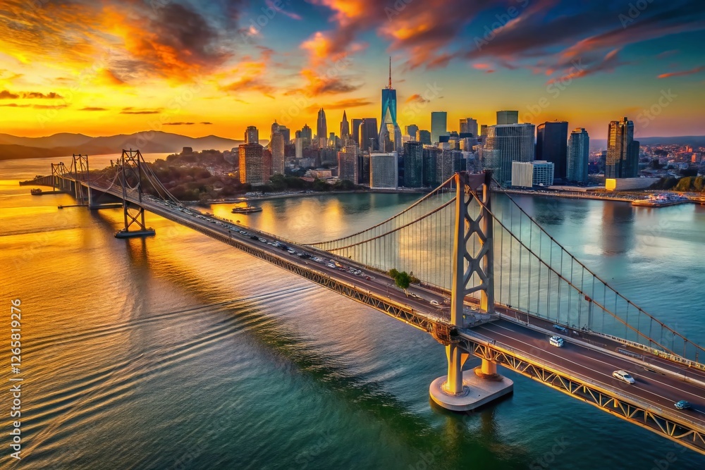 Fototapeta premium Golden Gate Bridge & San Francisco Skyline Aerial Backlit Drone Shot 8K