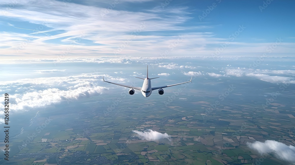 Fototapeta premium Airplane Flying Above the Clouds and Green Fields