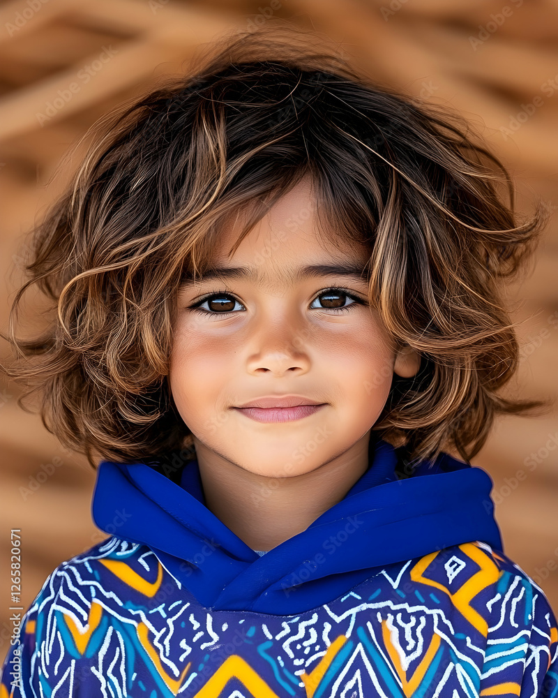 Portrait Young child with brown curly hair smiling in front of a wood background Portrait Young child with brown curly hair smiling in front of a wood background
