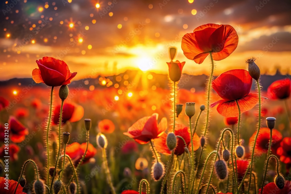 Fototapeta premium Golden Hour Poppies: Vibrant Bokeh Field of Red Flowers
