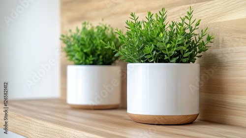 Wallpaper Mural This image features two minimalist green plants in sleek white pots, highlighting a modern and clean design aesthetic that complements any contemporary space. Torontodigital.ca