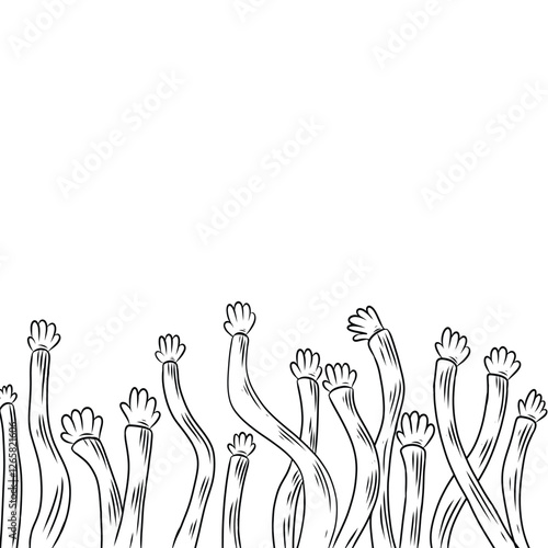 Raised hands of different lengths symbolize unity, diversity, and support. Perfect for social themes, teamwork, and volunteering.