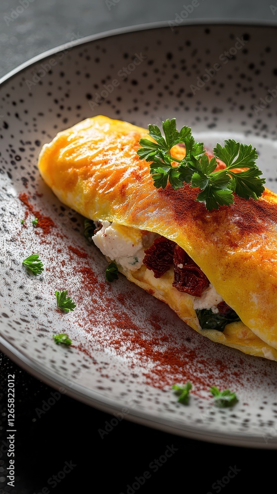 A rolled omelette filled with feta cheese, spinach, and sun-dried tomatoes, garnished with parsley and paprika, served on a vintage ceramic plate, evoking nostalgia and comfort. Close-up shot A rolled omelette filled with feta cheese, spinach, and sun-dried tomatoes, garnished with parsley and paprika, served on a vintage ceramic plate, evoking nostalgia and comfort. Close-up shot