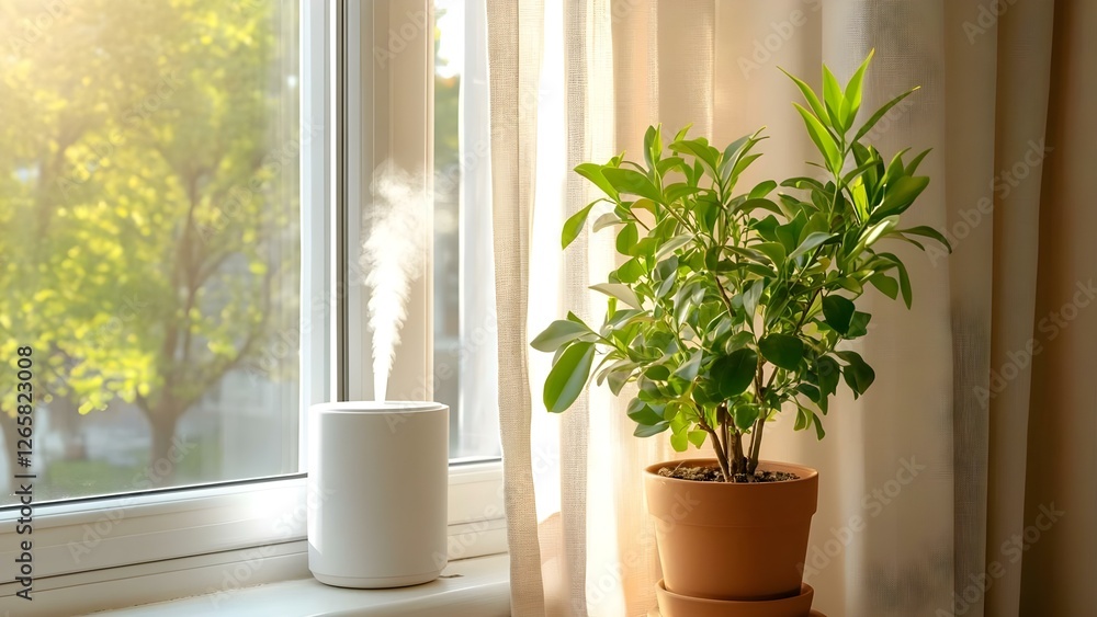 A humidifier is releasing steam next to a potted plant by a sunlit window with sheer curtains. Concept Humidifier Benefits for Plants, Sunlit Indoor Gardening, Sheer Curtains and Lighting