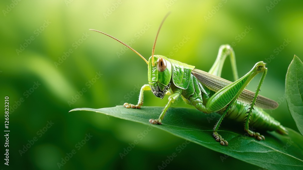 A close-up of a grasshopper sitting on a leaf, surrounded by greenery. The vivid colors and sharp details capture the essence of life in nature and its intricate beauty.