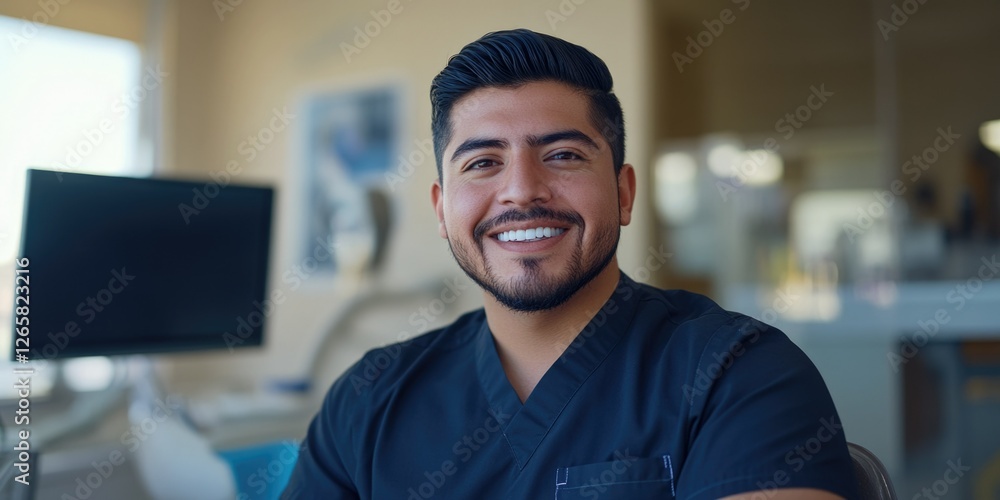 Obraz premium Professional male dentist, smiling at camera, in office setting with monitor, keyboard, and window.