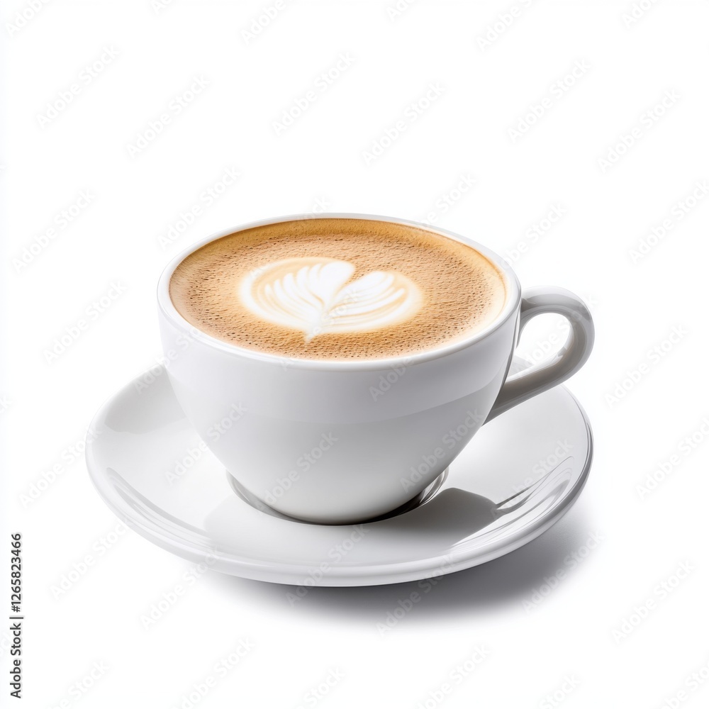 Smooth and Creamy Coffee with Heart Shaped Latte Art in White Coffee Cup on Simple Plate Smooth and Creamy Coffee with Heart Shaped Latte Art in White Coffee Cup on Simple Plate