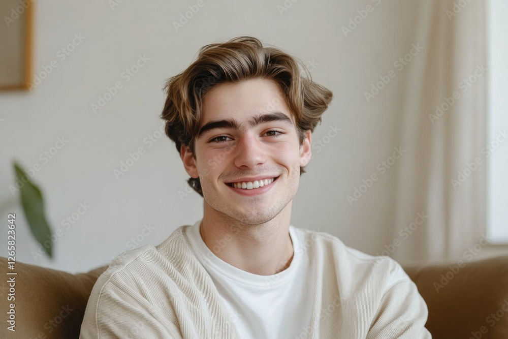 Young man, smiling at camera, sitting on a couch. Long beard, casual attire. Young man, smiling at camera, sitting on a couch. Long beard, casual attire.