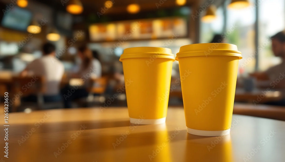 Two Yellow Coffee Cups on Table in Cafe Setting with People Two Yellow Coffee Cups on Table in Cafe Setting with People