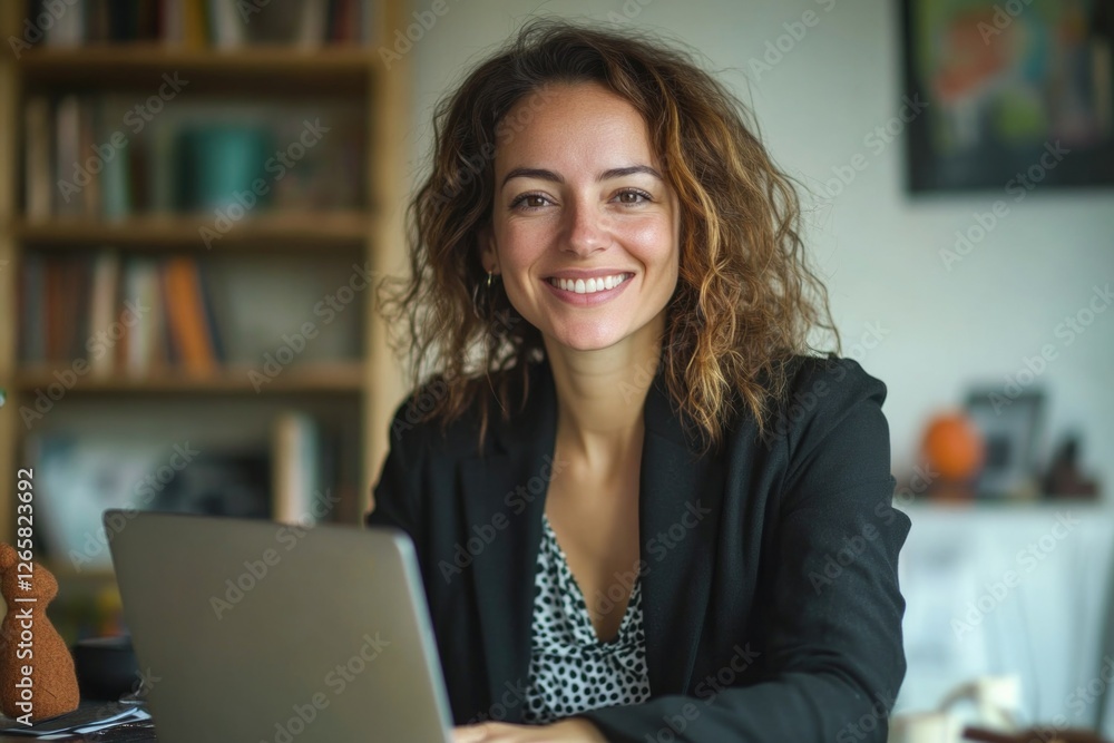 Smiling woman in black blazer working on laptop. Bookshelves and modern decor behind her. Smiling woman in black blazer working on laptop. Bookshelves and modern decor behind her.