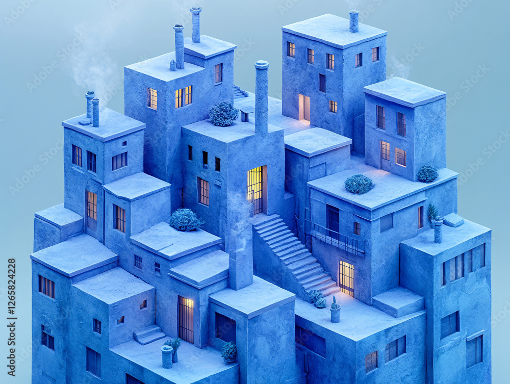 Fototapeta premium surreal, abstract cityscape with buildings made of blocks in shades of blue and purple. The buildings are interconnected by staircases and pathways
