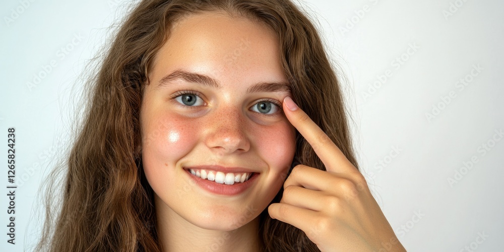 Fototapeta premium Young woman capturing a moment with hand on face, wearing casual makeup.