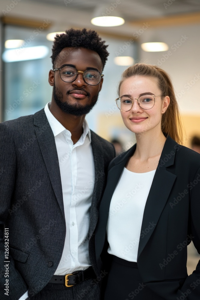 Two people, likely colleagues, posing in a professional setting. Man wearing glasses and a suit, woman in a business suit. Both smiling. Modern building with glass walls in the background. Two people, likely colleagues, posing in a professional setting. Man wearing glasses and a suit, woman in a business suit. Both smiling. Modern building with glass walls in the background.