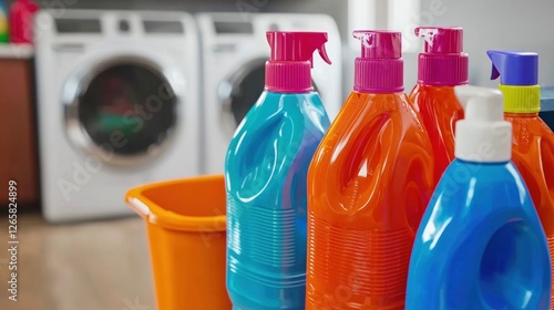 Colorful cleaning supplies in a laundry room with appliances
