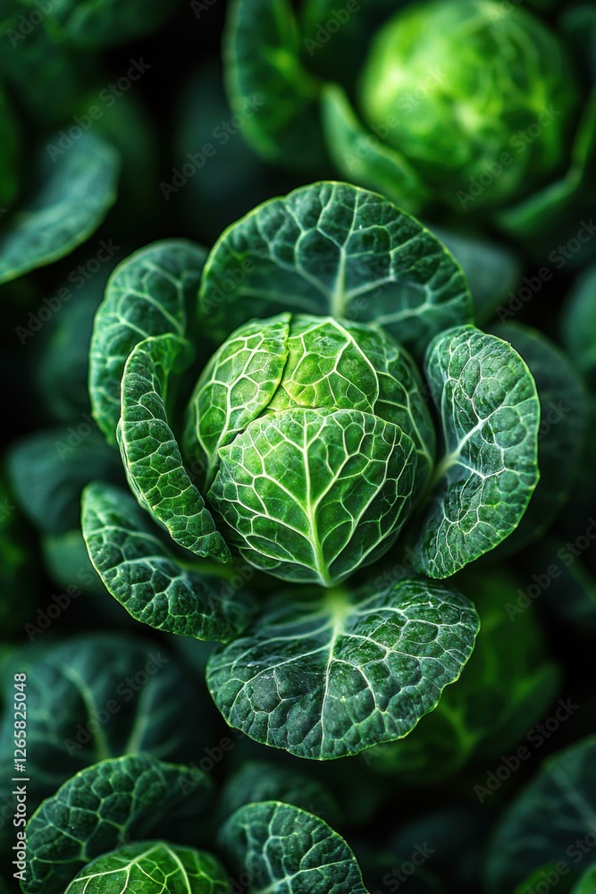 Fototapeta premium Close-up of fresh green brussels sprout surrounded by lush leaves