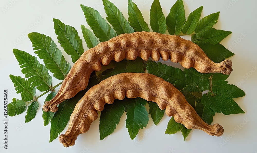 Two dried seed pods resting on green leaves, showcasing natural textures and colors Two dried seed pods resting on green leaves, showcasing natural textures and colors