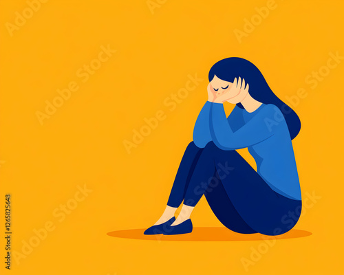 Sad woman sits alone, hugging knees on yellow background. Mental health concept photo