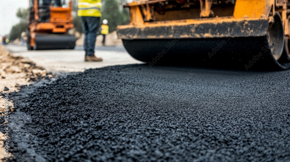A Crew Laying Asphalt on a Highway Under Construction, Large Paving Machines Spreading Fresh Black Asphalt A Crew Laying Asphalt on a Highway Under Construction, Large Paving Machines Spreading Fresh Black Asphalt