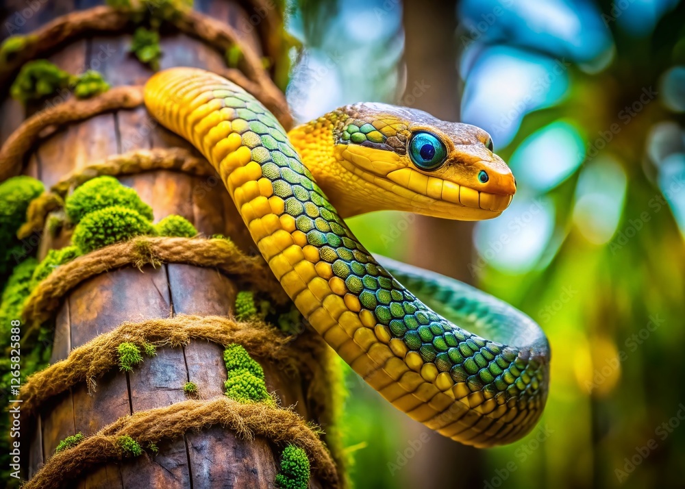 Fototapeta premium Golden Tree Snake Climbing Coconut Tree Trunk - Close Up Pit Viper Double Exposure