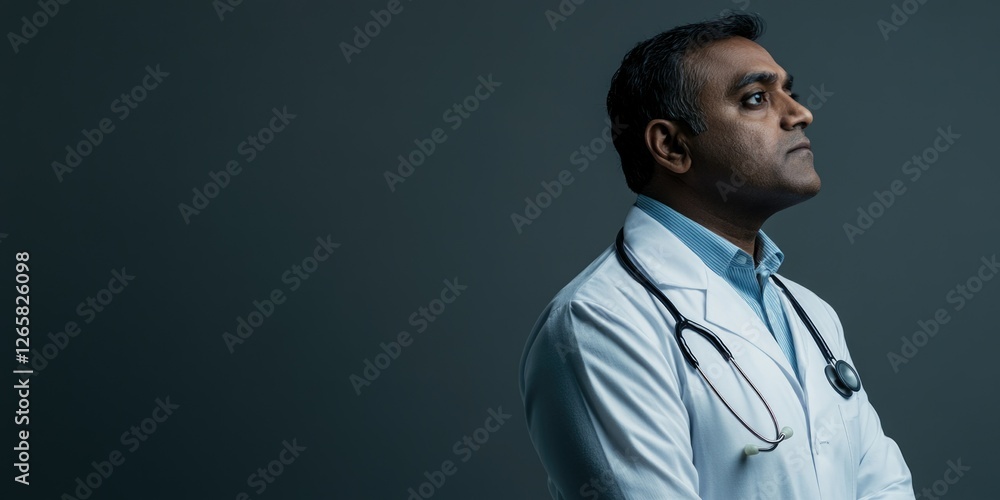 Fototapeta premium Professional portrait of a physician wearing a white coat and stethoscope.