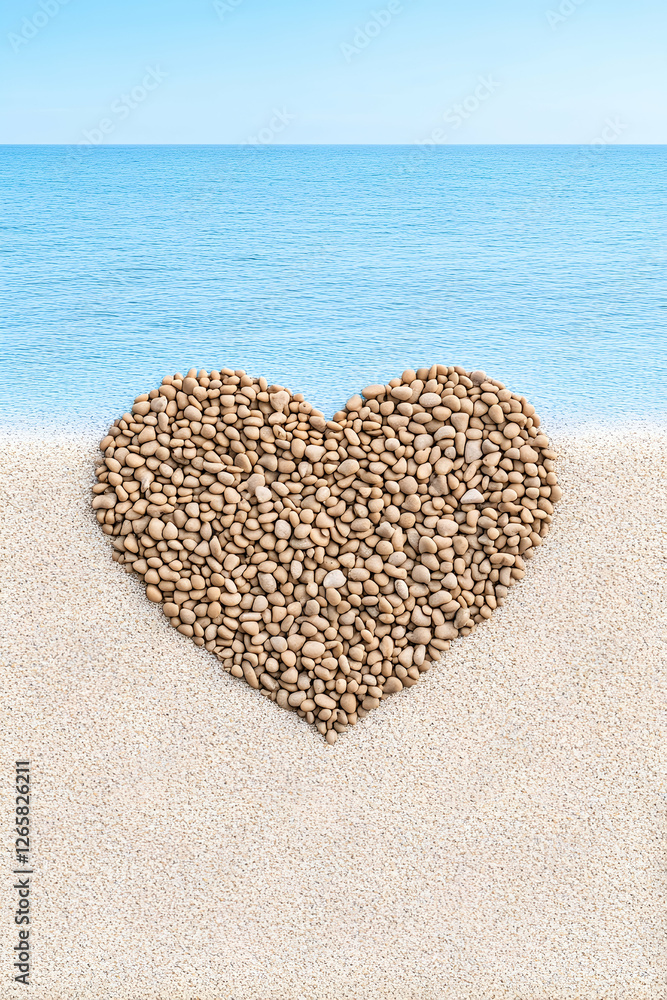Seashell Heart on Beach, Sunny Seascape, Ocean View, Perfect for Travel Romance Seashell Heart on Beach, Sunny Seascape, Ocean View, Perfect for Travel Romance