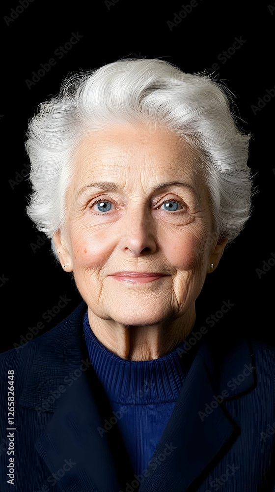 Senior woman in portrait, smiling against black backdrop, useful for profile image Senior woman in portrait, smiling against black backdrop, useful for profile image