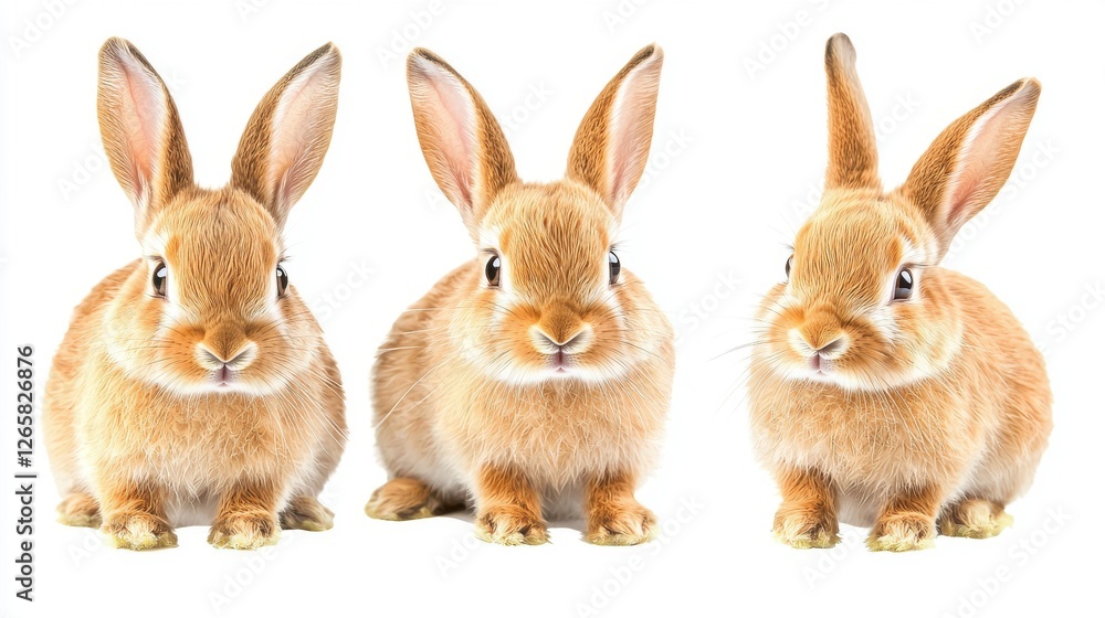 Three Cute Rabbits Sitting in a Row with Fluffy Fur and Ears Three Cute Rabbits Sitting in a Row with Fluffy Fur and Ears