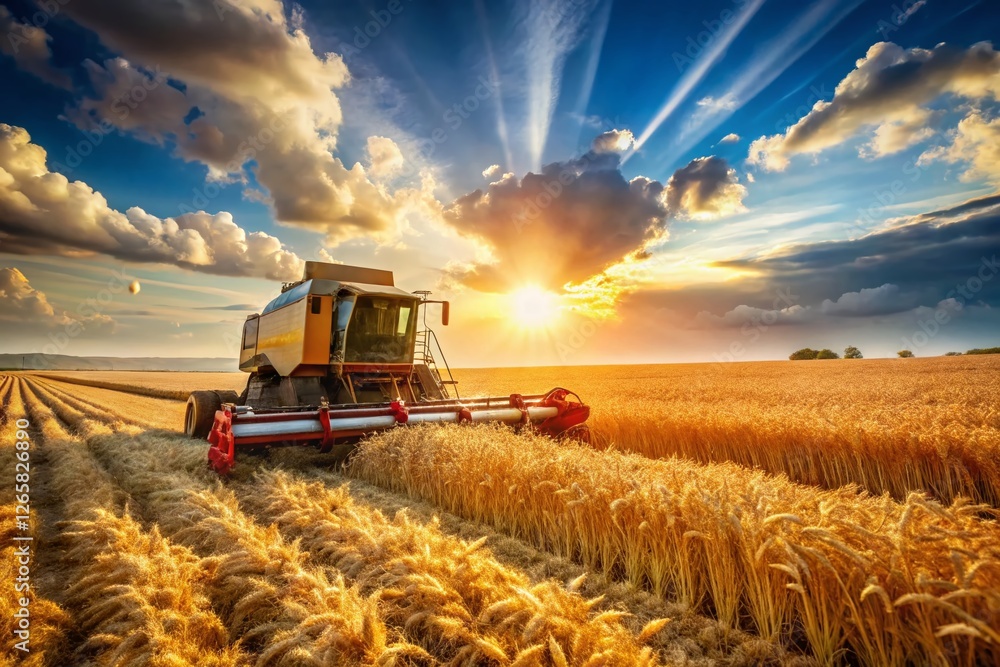 Fototapeta premium Golden Wheat Harvest: Combine Harvester in Summer Field - Rural Farming Scene