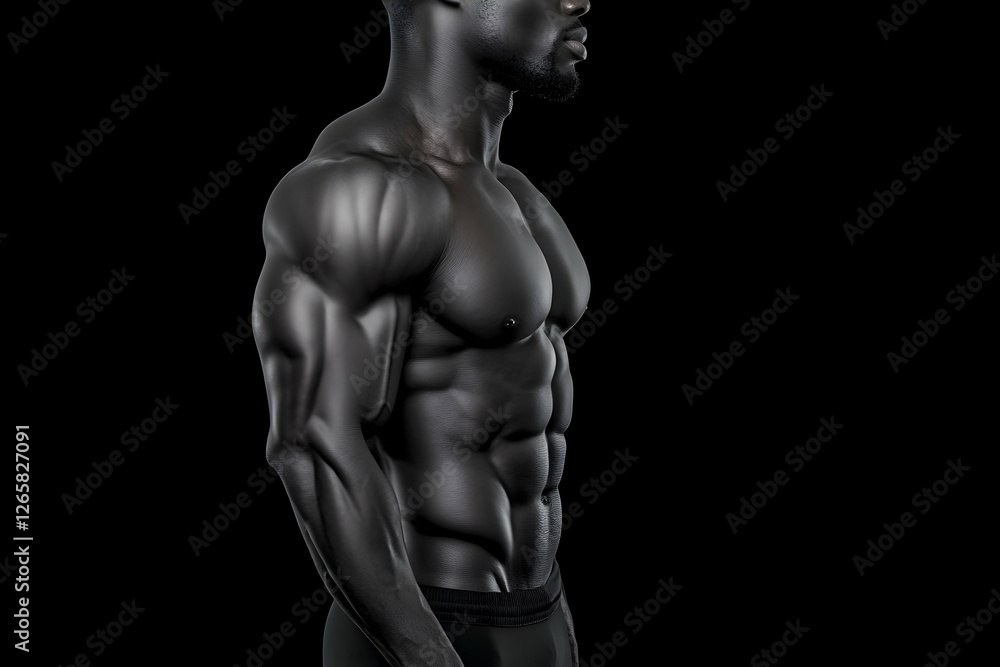 Fototapeta premium Side profile of muscular black man flexing in studio with black background
