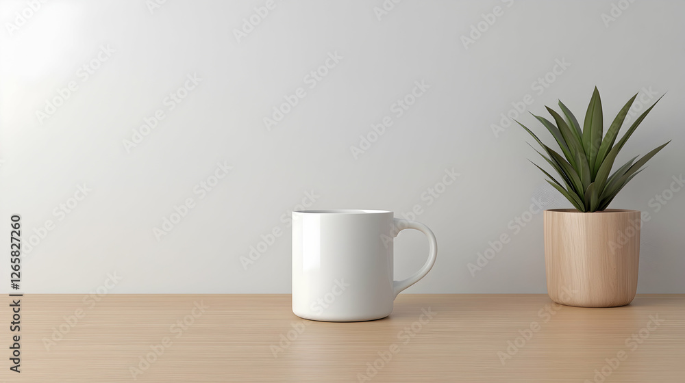 Simple coffee mug on desk with plant for office, advertising, or presentation use Simple coffee mug on desk with plant for office, advertising, or presentation use