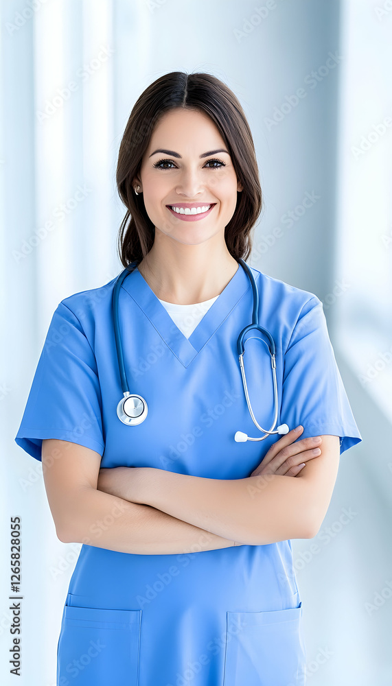 Smiling female doctor in hospital hallway, arms crossed, for medical profession ads Smiling female doctor in hospital hallway, arms crossed, for medical profession ads