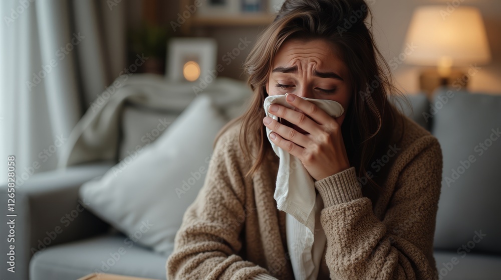Young woman feeling unwell, covering nose with tissue while sitting on a couch in a cozy home setting. Concept of illness and cold season Young woman feeling unwell, covering nose with tissue while sitting on a couch in a cozy home setting. Concept of illness and cold season