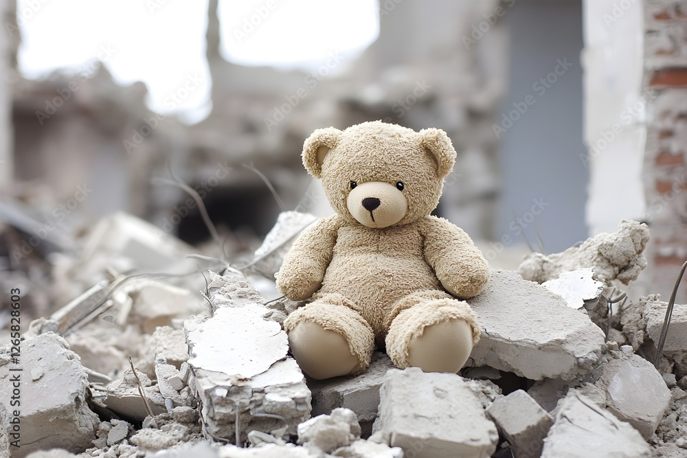 Teddy bear sitting on rubble in a devastated building after a natural disaster at dawn. Generative AI Teddy bear sitting on rubble in a devastated building after a natural disaster at dawn. Generative AI