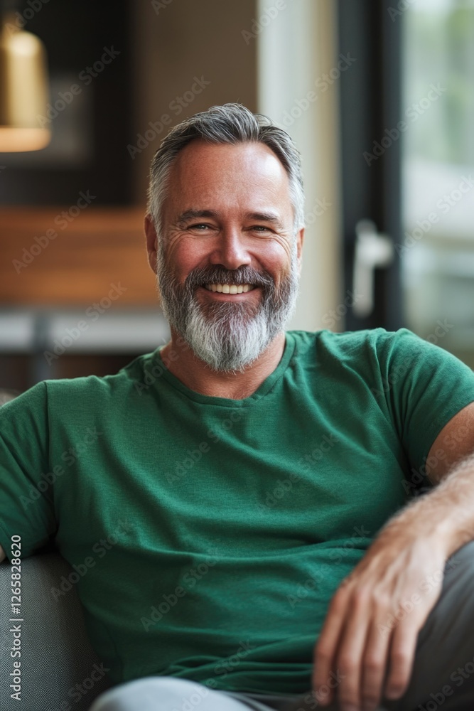 Obraz premium Bearded man in green shirt smiling and sitting on couch.