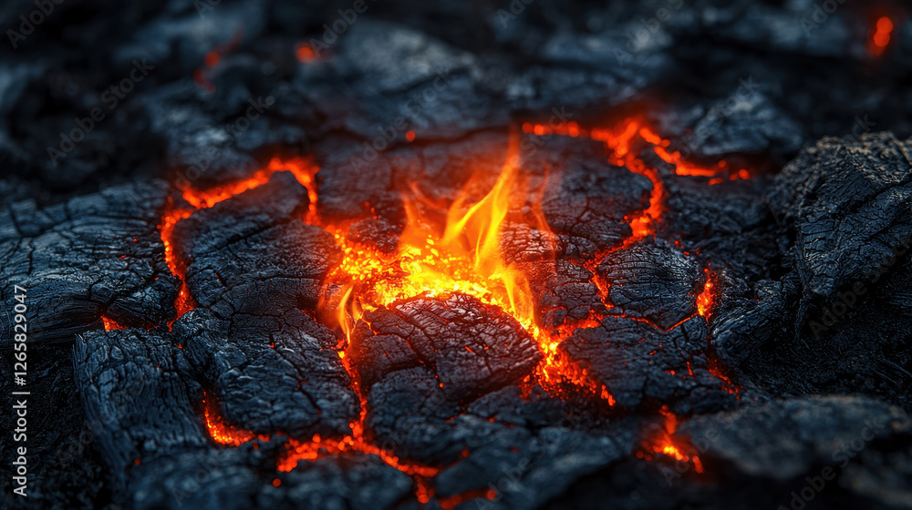 Solitary ember glows intensely on charred wood revealing deep textures of past fires Solitary ember glows intensely on charred wood revealing deep textures of past fires