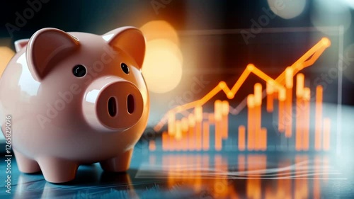 Piggy bank with financial growth chart overlay, symbolizing savings, investment, and financial success. A modern finance concept. 4K video