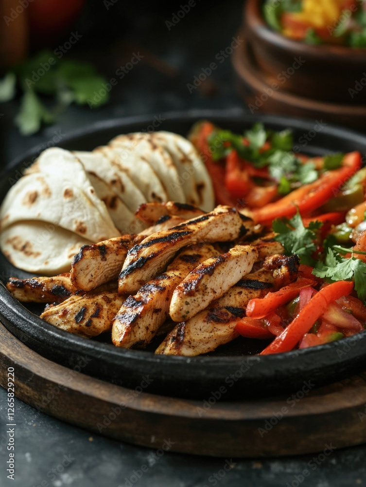 Grilled chicken skewers with tortillas and peppers, served in a skillet on a dining table. Grilled chicken skewers with tortillas and peppers, served in a skillet on a dining table.