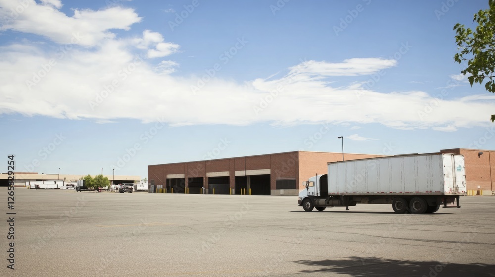 Cargo truck outside a large warehouse, symbolizing industrial logistics and efficient supply chain operations. Cargo truck outside a large warehouse, symbolizing industrial logistics and efficient supply chain operations.