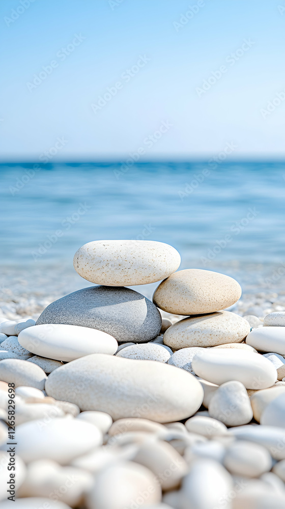 Stacked pebbles on beach for meditation, harmony, calm. Ocean waves background Stacked pebbles on beach for meditation, harmony, calm. Ocean waves background