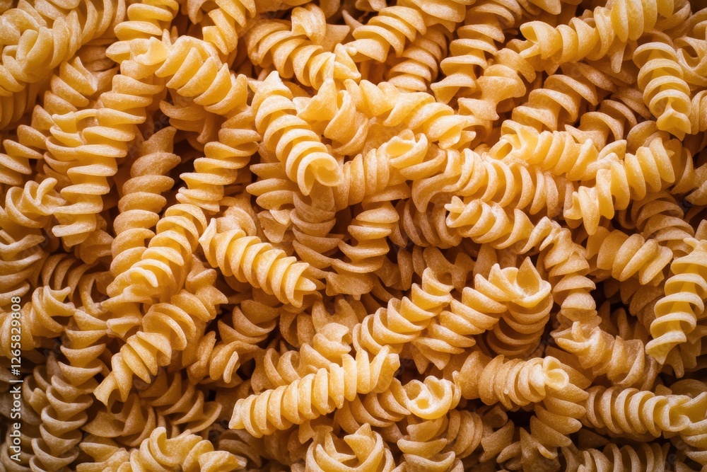 A close-up of uncooked pasta spirals. A close-up of uncooked pasta spirals.