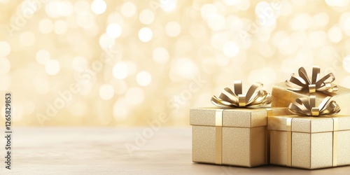 Elegant Gold Gift Boxes with Bows on Sparkling Bokeh Background for Holidays and Special Occasions